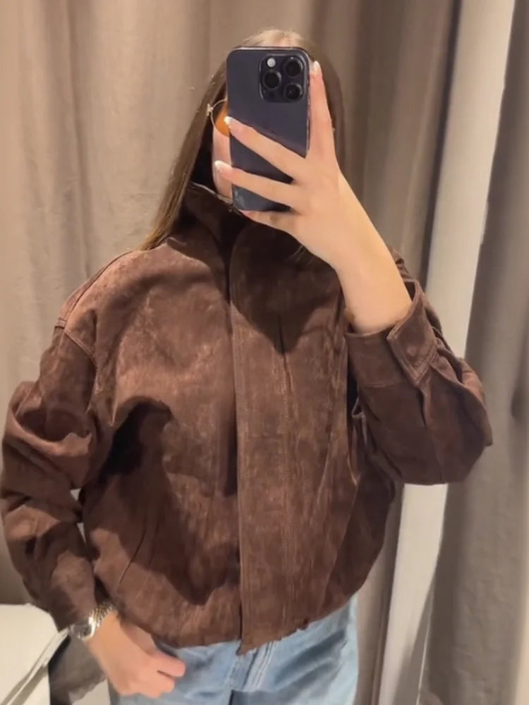 Fashion Suede Jacket For Women Casual Stand Collar Long Sleeve Zipper Pocket Cropped Coat Lady 2025 Autumn Chic Street Outerwear