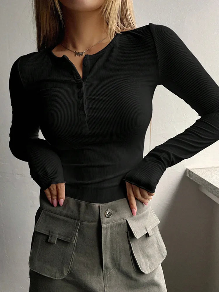 Autumn and winter women's new fashion button ribbed slim temperament solid color pullover sweater