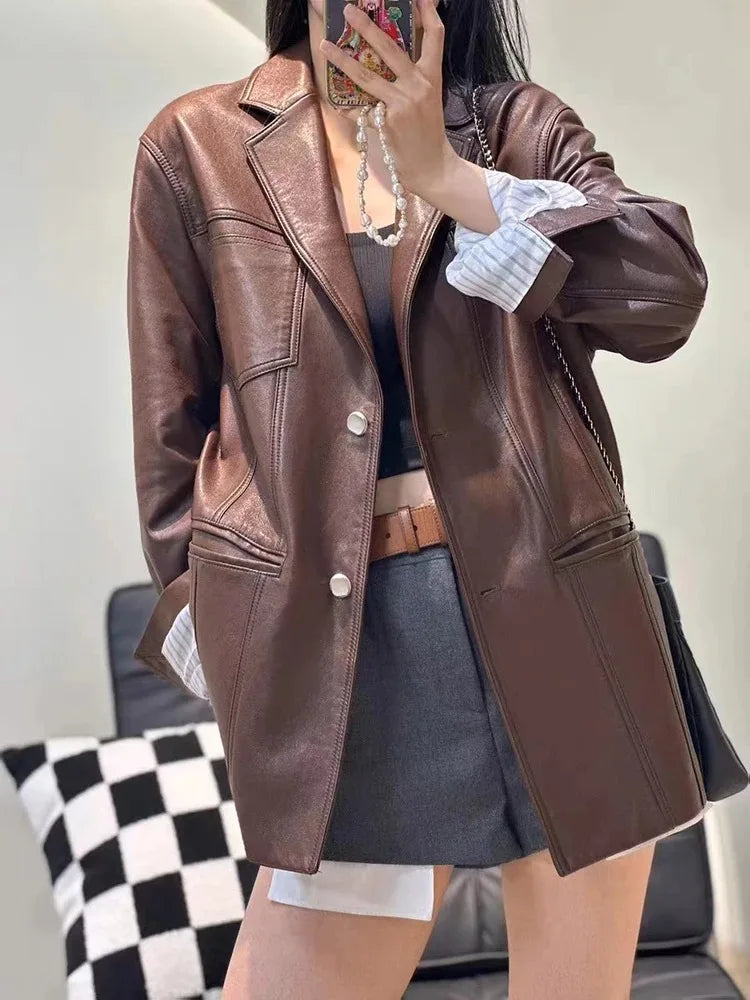 Autumn Women's Oversized Real Leather Belt Jacket Female 100% Sheepskin Retro Burgundy Broad Shoulder Suit Coat Streetwear Blaze