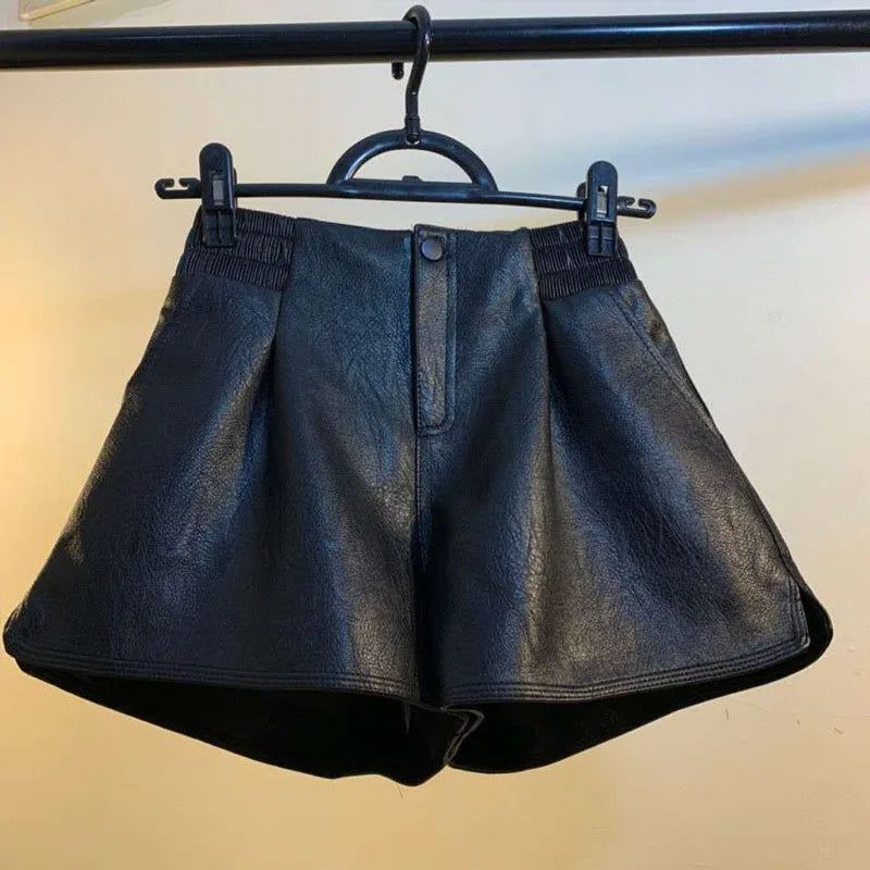 Women's Autumn New Korean Style Loose and Versatile High-waist Leather Pants Shorts Women's Wide-leg Pants Boots