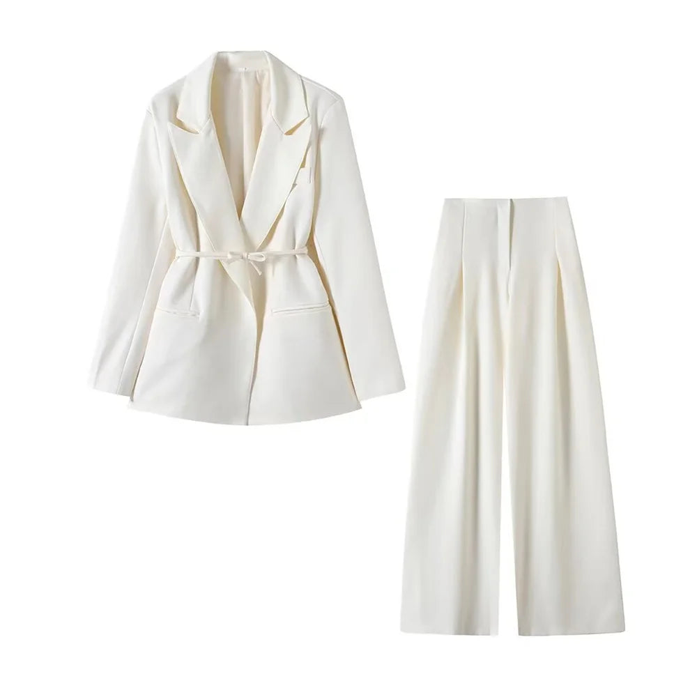women's versatile belt decoration long sleeved suit jacket new fashionable high waisted pleated pants casual pants