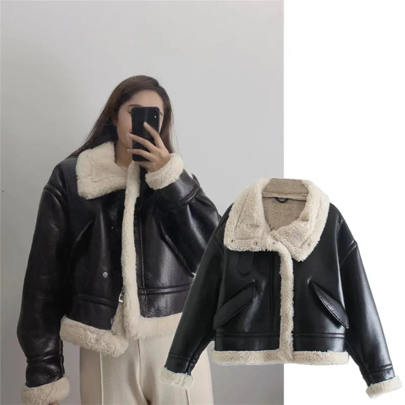 Winter Motorcycle Sle Jaet Design Sensation  ular Thiened Fur Leather Inteated ort Coat Street Sle Zipper
