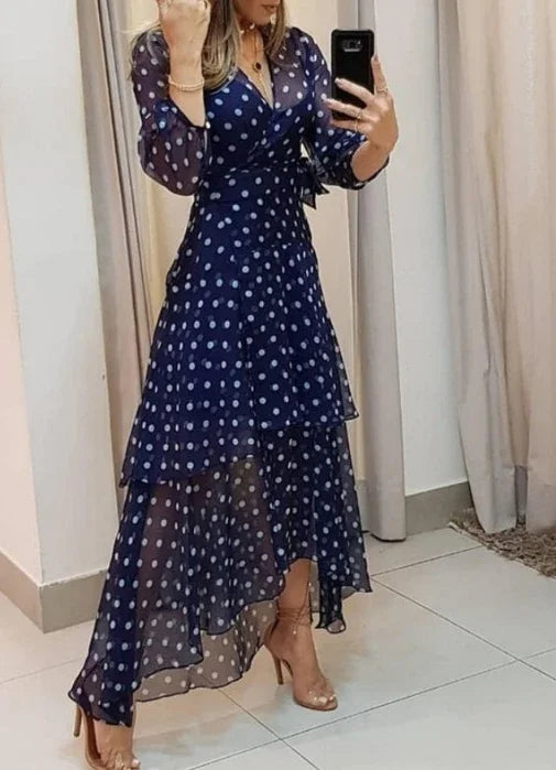 Women's Retro Elegant Dress Spring Summer Polka Dot Irregular Print V-Neck Maxi Dress Temperament High Waist Long Skirt
