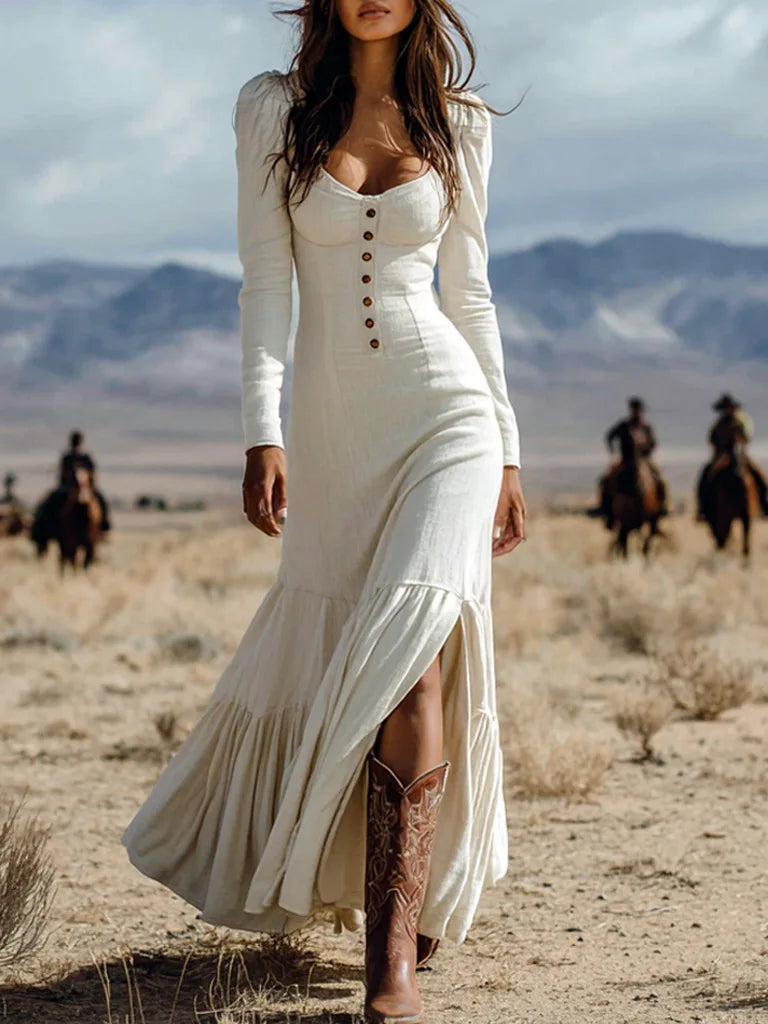 Vintage U Neck Button Pleated Long Dress Woman Fashion Solid Split Boho Dress Autumn Long Sleeve Slim Maxi Dress Vestidos