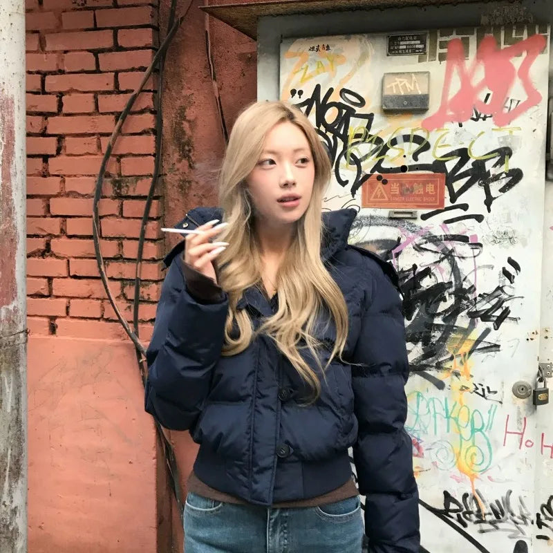 2025 Winter Fashion Fur Collar Hooded Slim Short Padded Jacket Women Retro Velvet Thickened Warm Harajuku Casual Short Jacket