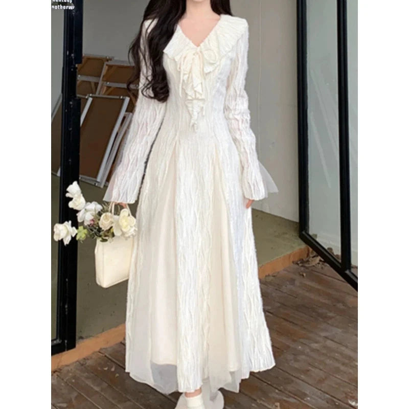 French Gentle Style Apricot Lace Fairy Long Skirt with Ruffled Edges V-neck and Plush Thick Dress