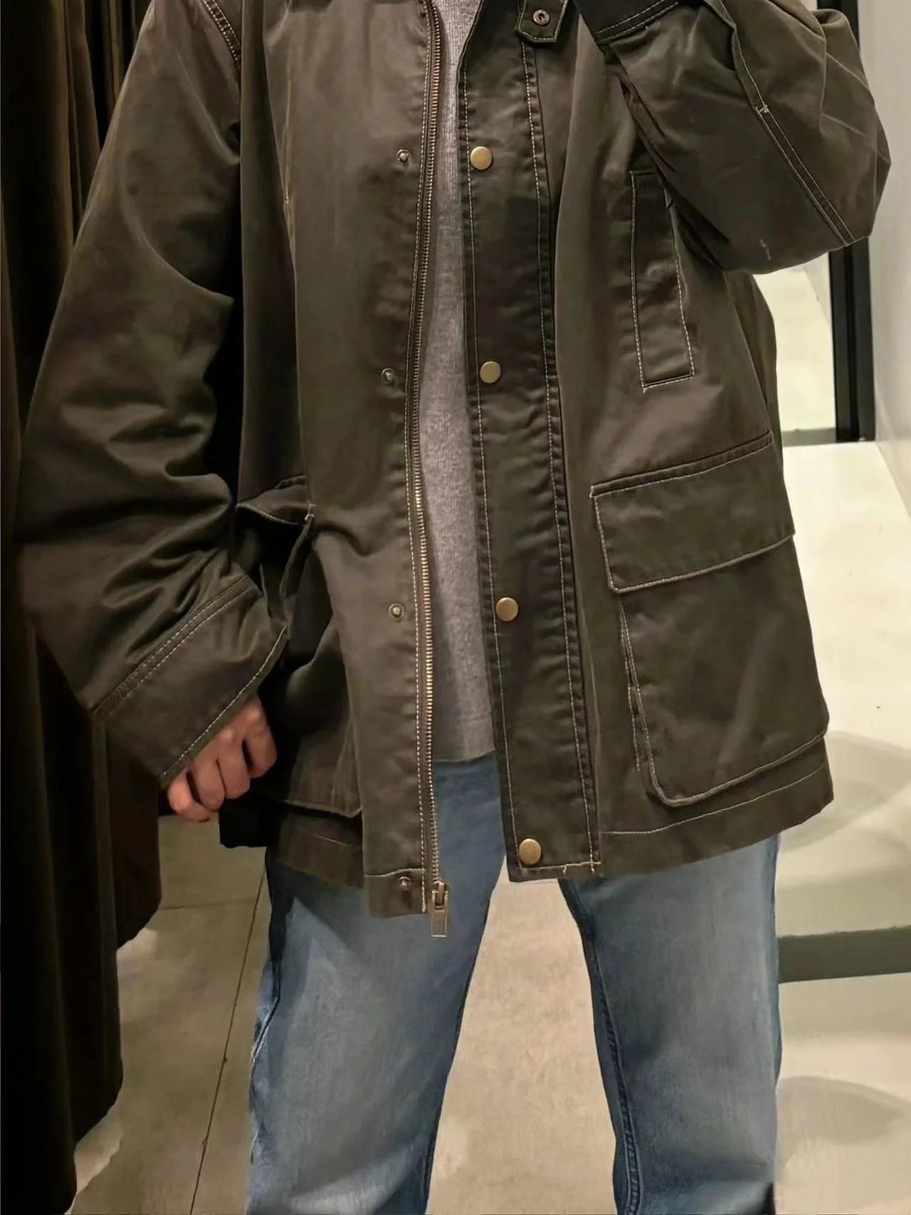 Spring Autumn New Arrival Women's Loose Fit Corduroy Jaet with Stand Collar Wax Leather Sve Zipper Closure  Color