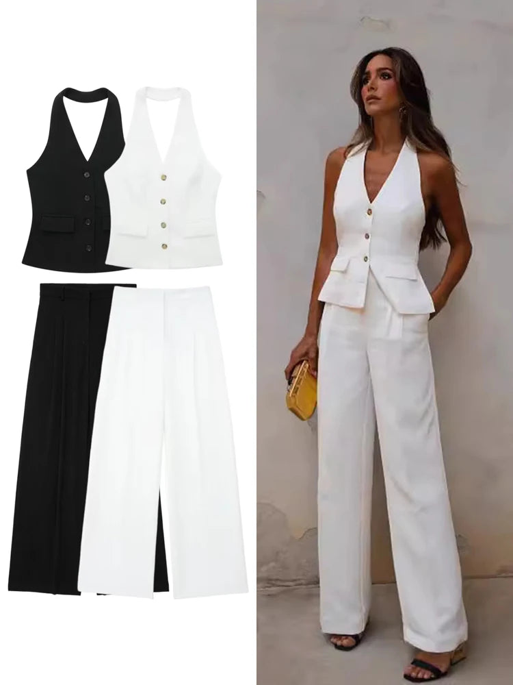 Women's Commuter Fashion Hanging Neck Collar Single Breasted Vest + High Waisted Casual Trousers English Trousers Set