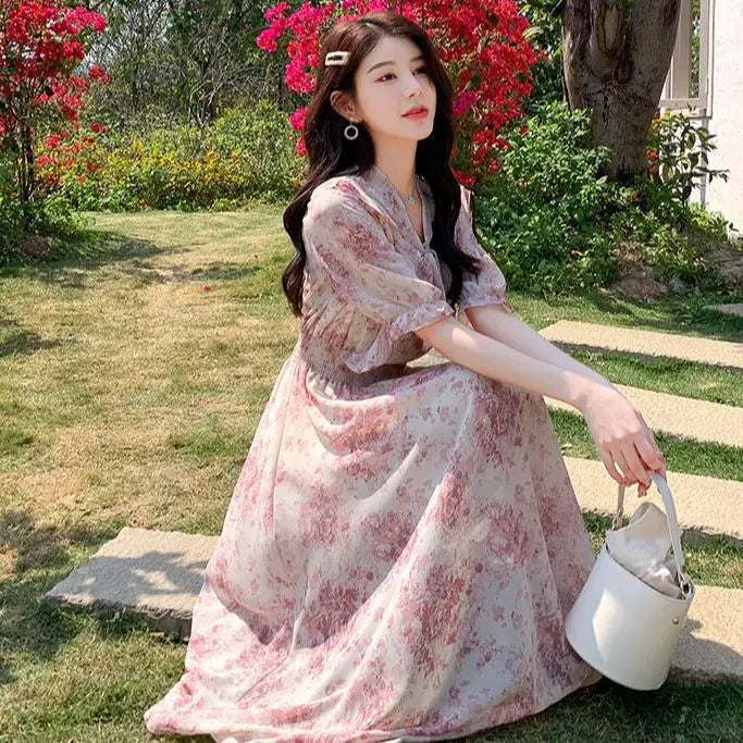 European American Summer Thin Sweet Ruffled Short-sleeved Floral Skirt for Women Chiffon Loose Dress
