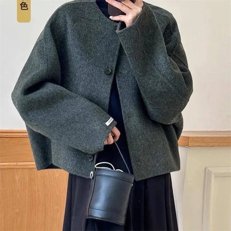 2025 Spring New Women's Coats Round Neck Single Breasted Korean Fashion Wool Coat Temperament Elegant Jackets for Women