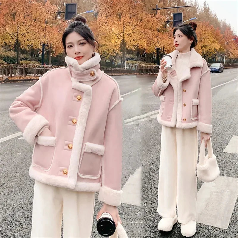 Fashion Autumn Pink Fur Integrated Lamb Fur Coat For Women's 2025 New Korean Patchwork Thickened Winter Wool Jacket Female Top