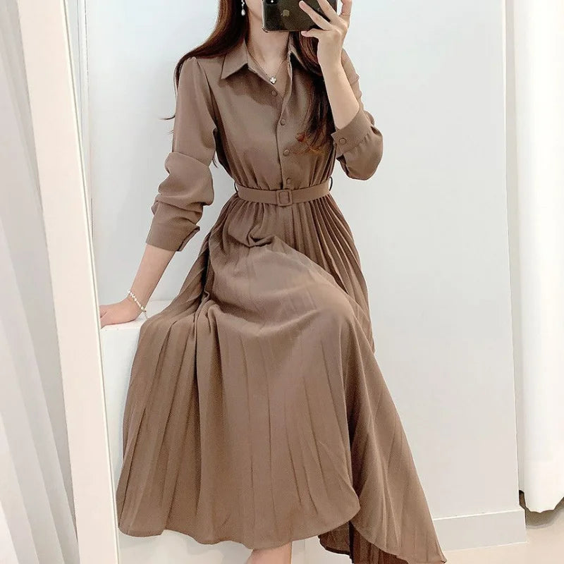 Korean Simple New Elegant Single Polo Collar Shirt Dress Women Solid Waist Wrapping Slim Sashes Mid Length Pleated Dresses 2023