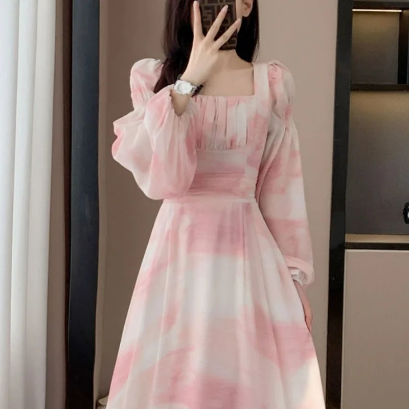 Autumn New Gentle Princess Style Pink Printed Dress Women Square Neck Waist Wrapped Patchwork Long Sleeved Chiffon Dresses 2023