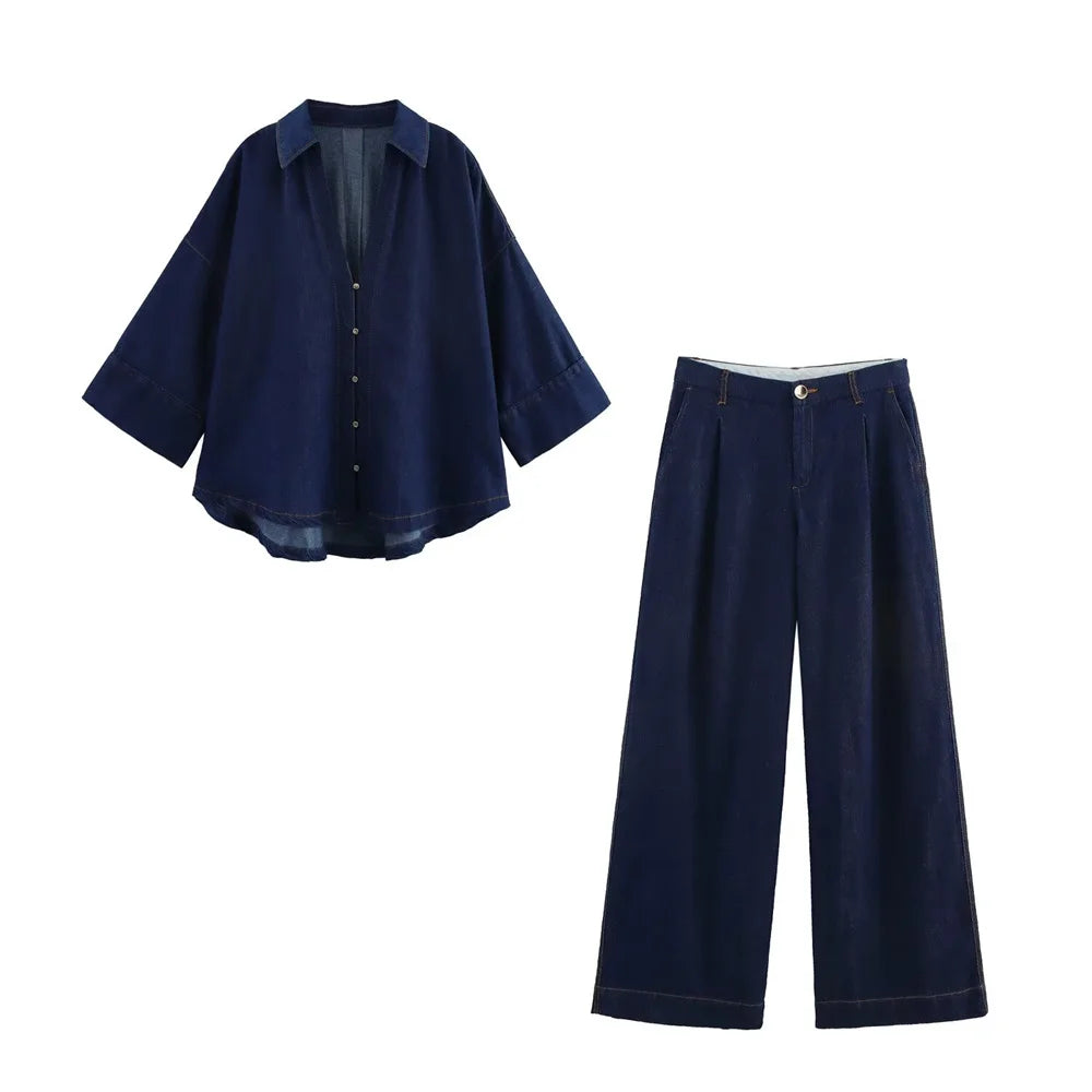 2025 Women Denim Set Loose Fit Button Down Shirt With Wide Leg Pants Fashionable Casual Wear for Women