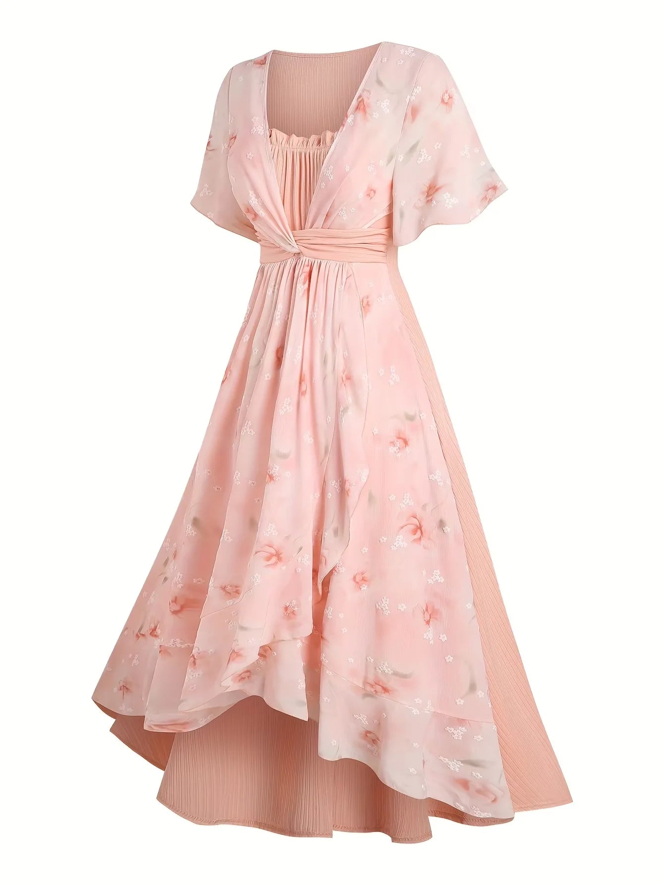 Spring and autumn new style plus-size floral print ruffled pleated twist hem high-low dress