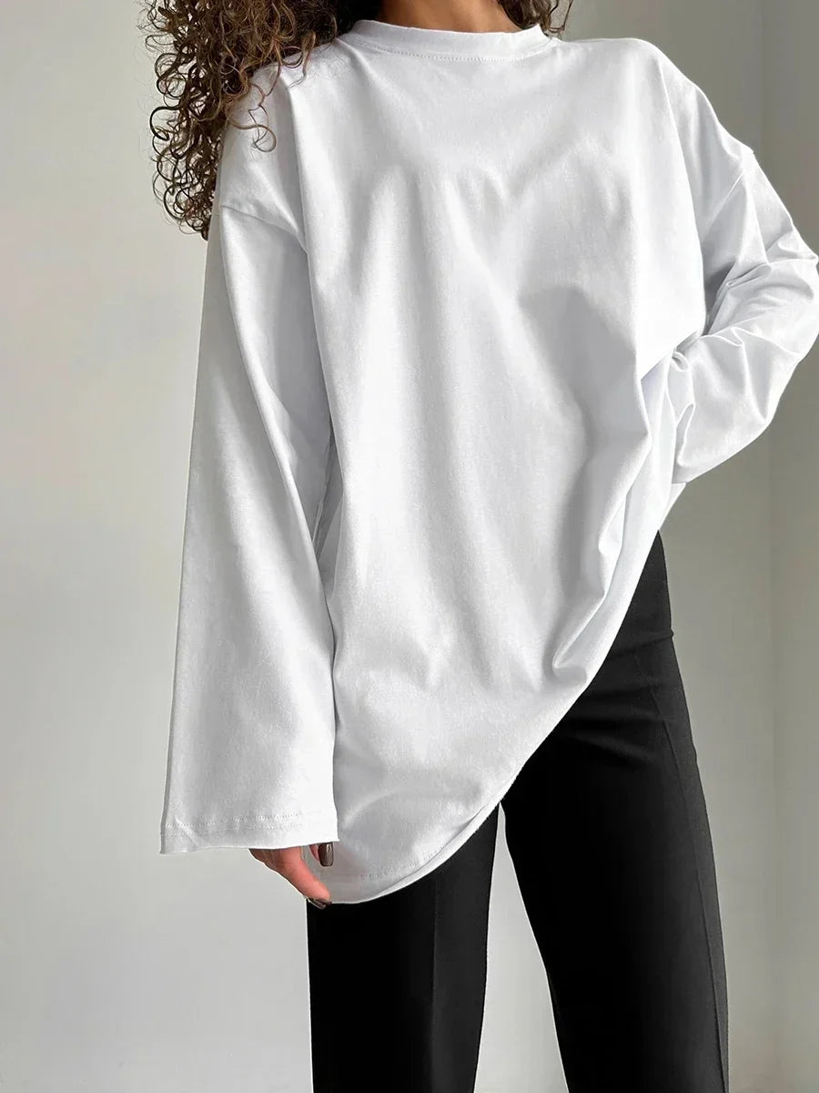 Blubelle Women Autumn 100% Cotton T-shirt Bottoming Spring Basic Fashionable Solid Lady Long Sleeve Loose Tops Shirts