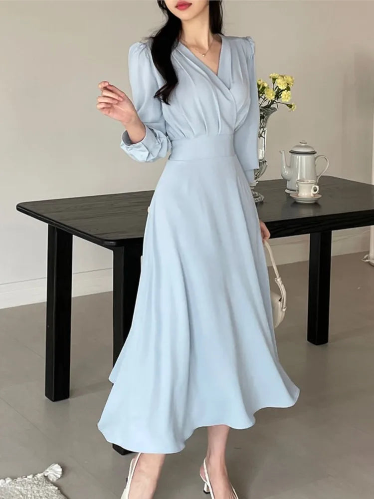 Korean Solid Midi Dresses for Women Fashion V-neck Long Sleeve A-line Solid Casual Dress Office Lady Clothing 2024 Autumn New