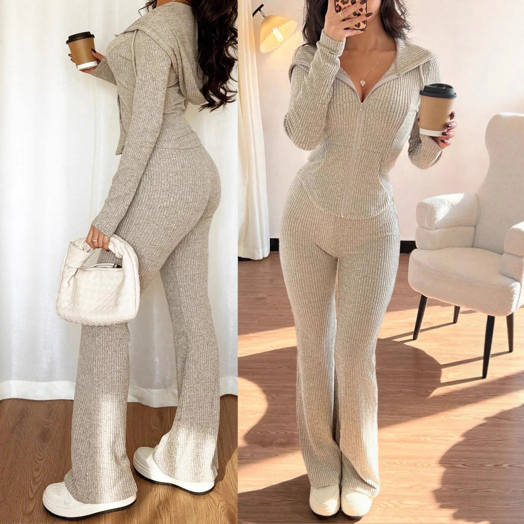 2025 Autumn Daily Casual Women's Suit Fashionable Solid Color Zipper Cardigan Hooded Top Comfortable Trousers Slim Two-piece Set