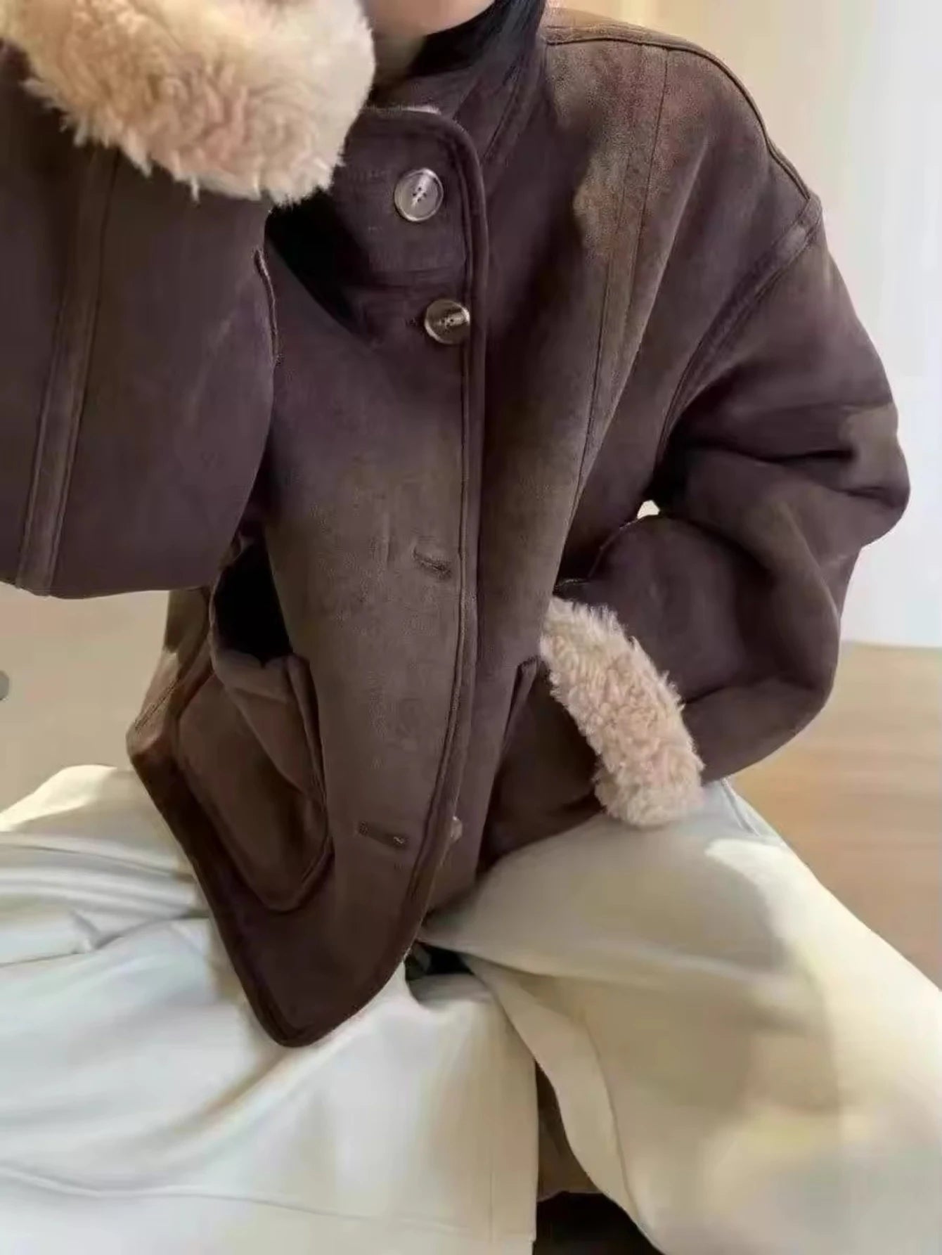 2025 European American new style double-sided retro brown sherpa thickened lapel jacket for women autumn and winter loose coat