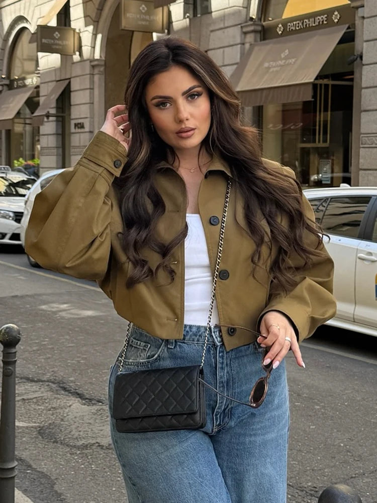 2025 Autumn Pleated Bomber Jacket For Women Street Turn-down Collar Long Sleeve Coats Female Solid Single Breasted Chic Outwear