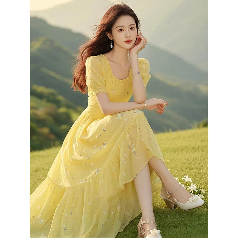 Yellow Floral Print Maxi Dr Women's Summer 2025 Ele Unique Chic Long Skirt Bubble Sve A-Line Gown U-Neline Pure C...
