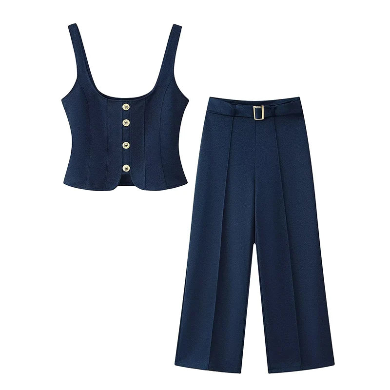 Women Two Pieces Pants Sets 2025 New Fashion Button Short Top + Belt Trousers Women's Suit Casual 2 Piece Set Woman Outfits