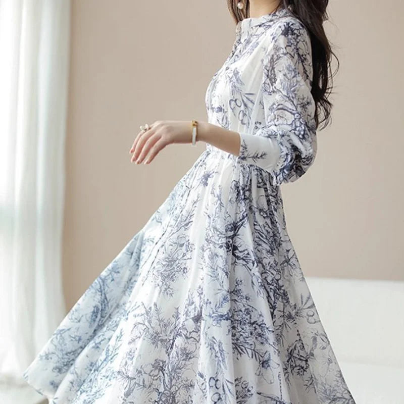 Tea Break Classical Prints Chinese Style High-end Elegant Temperament Versatile Waist-hugging Fashion Trendy Long-sleeved Dress