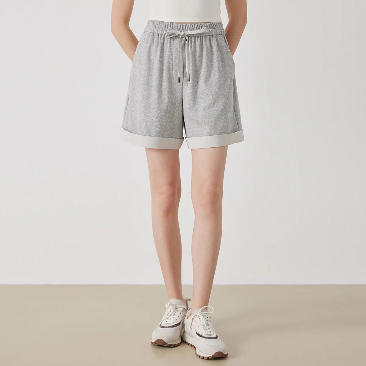 KW9513263 High quality cotton elastic waistband drawstring contrasting shorts for women's clothing