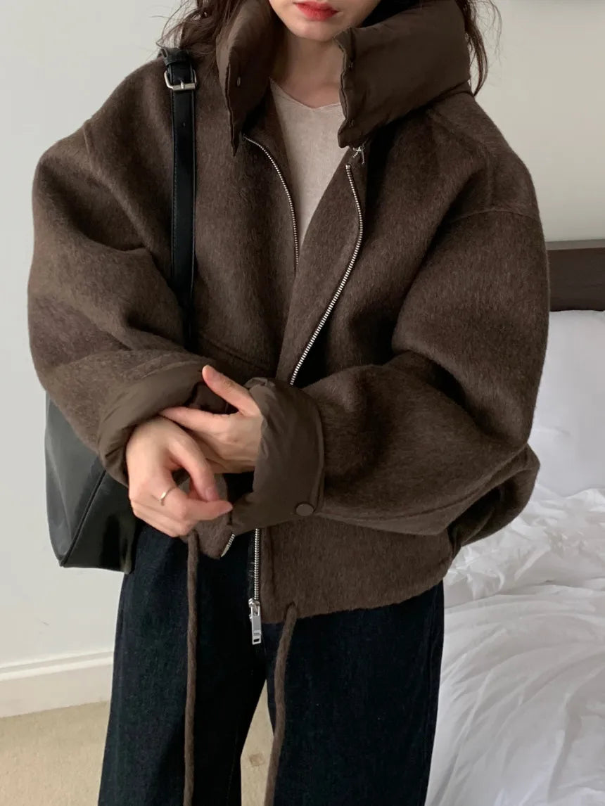 2Colors Autumn Winter Woolen Jacket Women's Casual Loose Detachable Hood Korean Style Long Sleeve Zipper Coat Female (JL3880