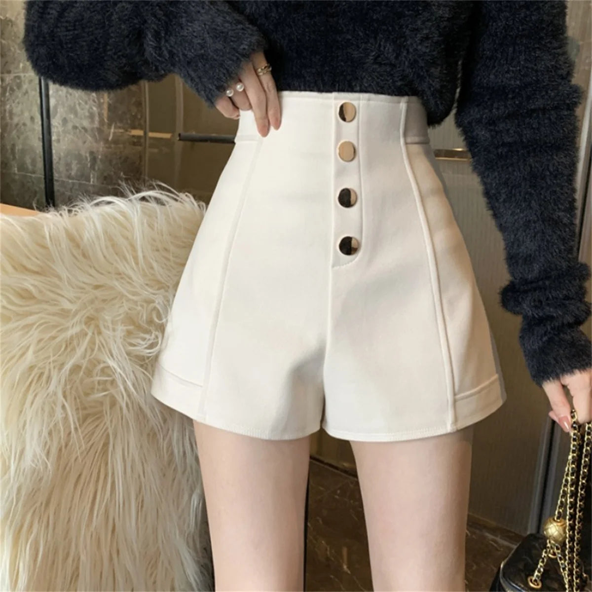 High Waist Chic Shorts For Women Summer Fall Vintage Solid Button A Line Wide Leg Short Pant Korean Slim Casual Trousers Street