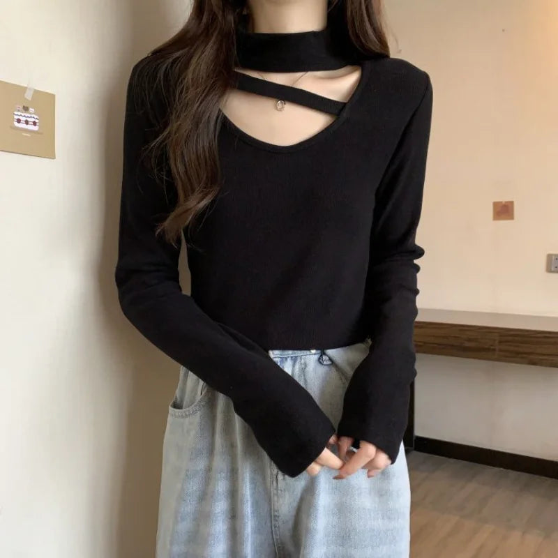 Women's Half-high Neck Bottoming Shirt Autumn Winter Chic Hollow Long-sleeved Top T-shirt