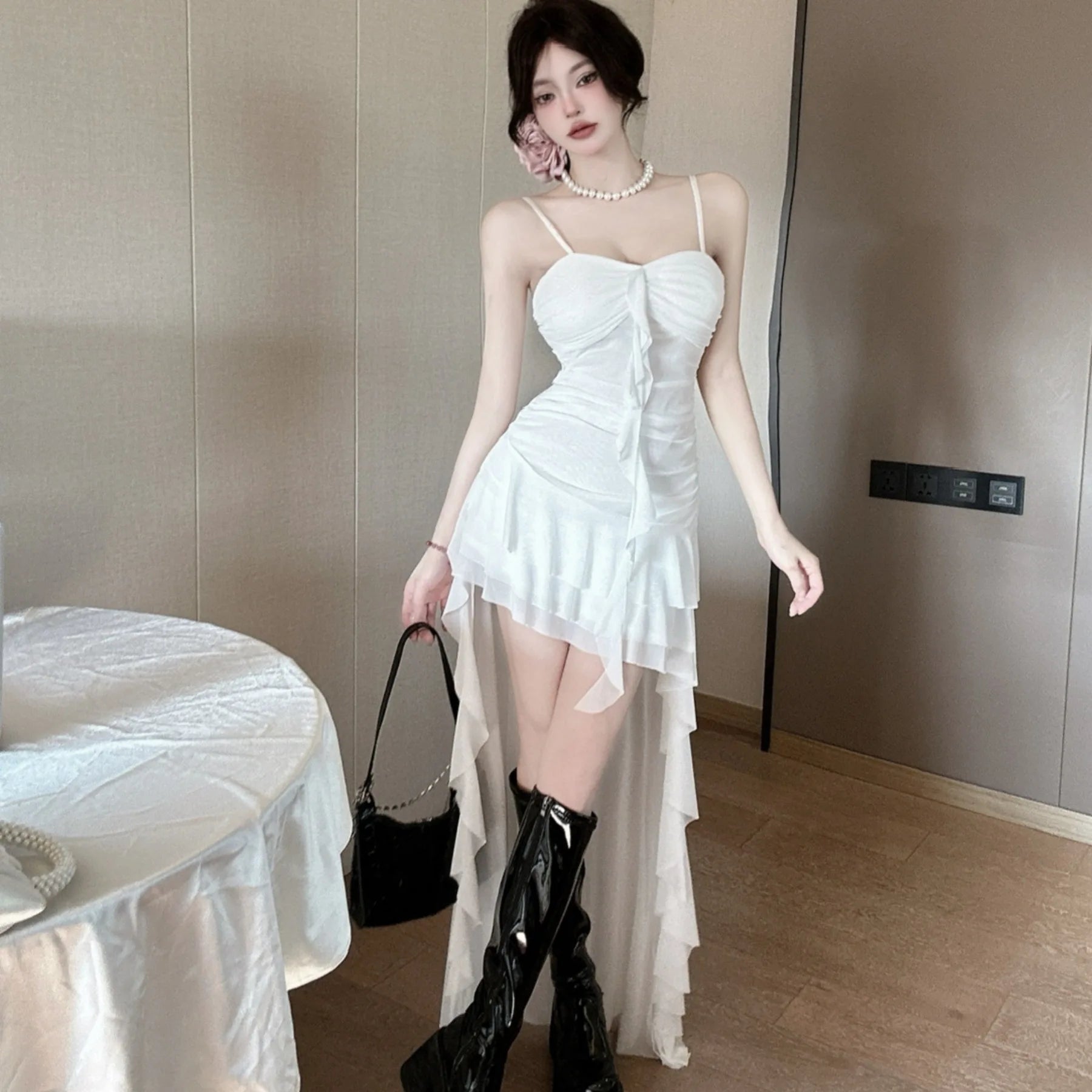 French Ruffled Tail Suspender Skirt Women's Summer Clothing Sexy Slim Irregular Dress