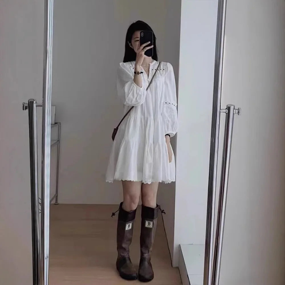 French White Bubble Sleeve Shirt Dress Women's Autumn Wear Petite Long Sleeve Yunnan Travel Style