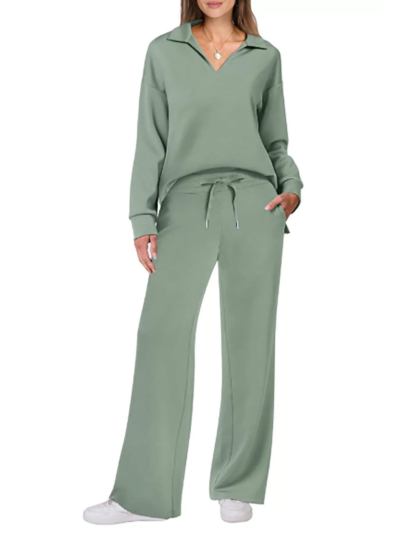 2025 European and American Autumn and Winter New Fashion Casual Women's Long Sleeved Drawstring Solid Color Commuting Pants Set