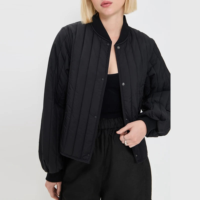Fashion Bomber Quilted Jacket for Women Cool Black Winter New Stand-up Collar Button-down Casual Long-Sleeve Warm Coats
