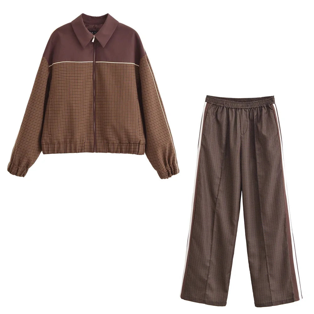 Two Piece Pant Set Loose and Fashionable Checkered Long Sleeved Lapel Zipper Spliced Jacket+Long Plaid Trousers