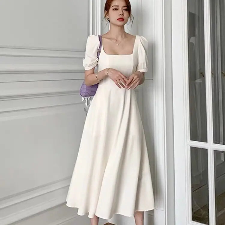 Summer New Square Neck Over Knee Hepburn Style Dress Women's Solid Patchwork Simple Slim Fashion Versatile Short Sleeve Dresses