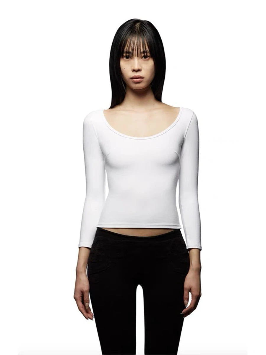 Tank Black and White Pure Color U-Neck Women's Long-Sleeved T-Shirt Simple, Fashionable and Comfortable Bottoming Shirt