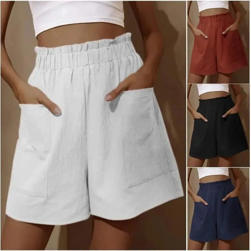 Summer Women Cotton Linen Wide Leg Shorts Elegant Female Solid Color High Waist Short Pants Office Lady Loose Straight Shorts