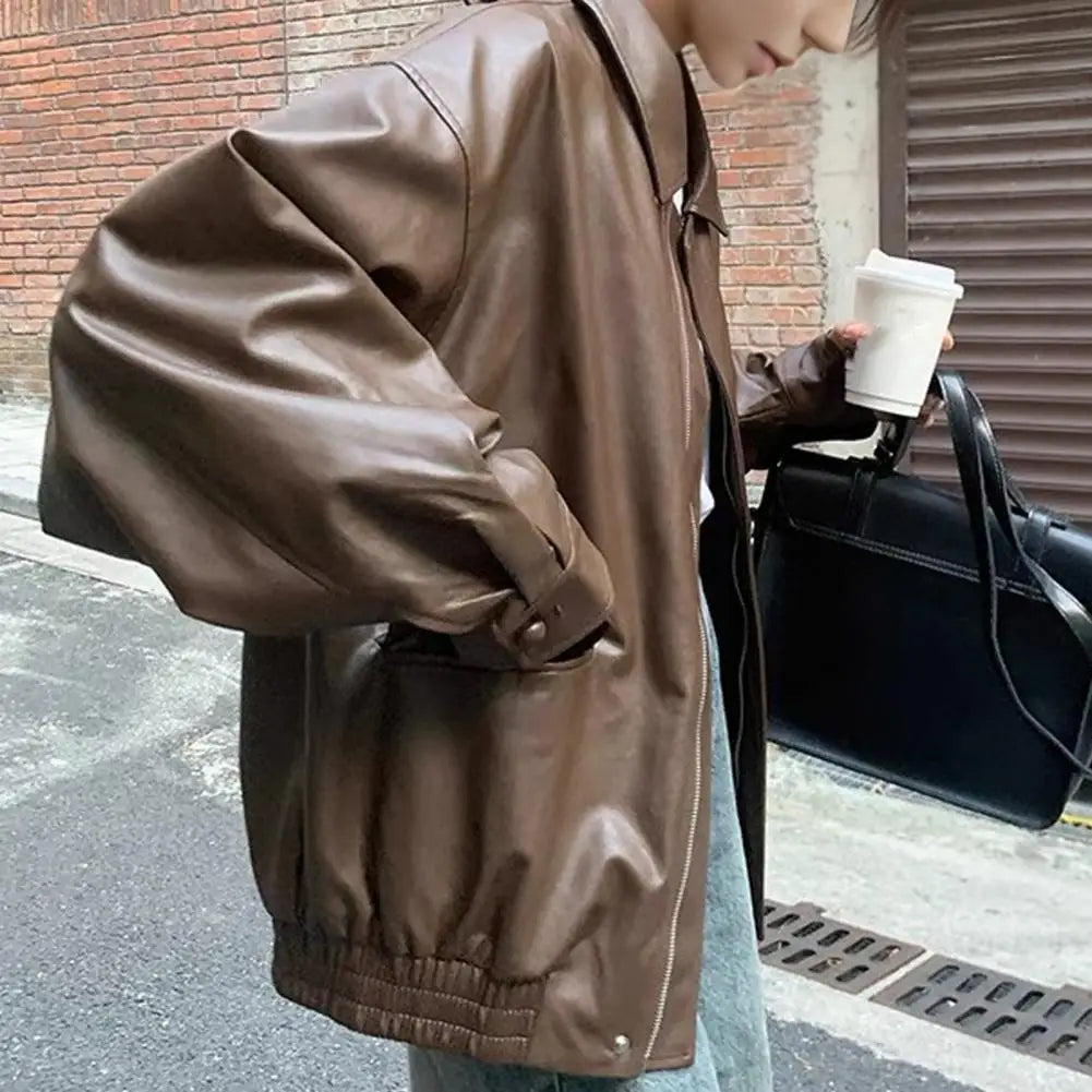 Artificial Leather Jacket Retro Motorcycle Coat with Smooth Faux Leather Surface Turn-down Collar Zip-up Design for Women Long