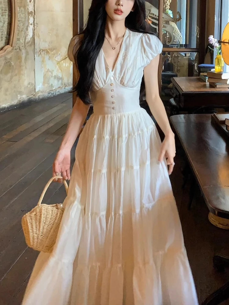 French Sweet Elegant Summer Women Dresses Vintage Slim V Neck Design Long Dress Harajuku Female Korea Style Chic Outfits 2025