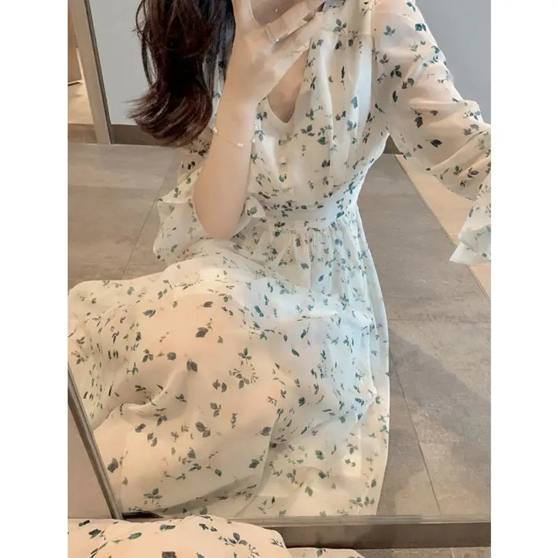 Lady Summer New Fairy Printing Sweet Temperament V-neck Long Skirt Chiffon Fragmented Flowers All-match Elegant Corset Dress