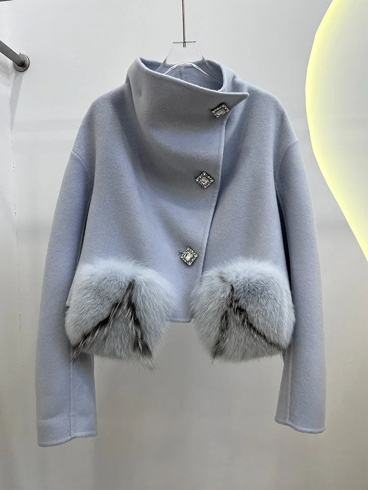 2025 Winter Women Cashmere Wool Woolen Coat Real Fur Short Jacket Fox Fur Pocket Ladies Female Coat Outerwear