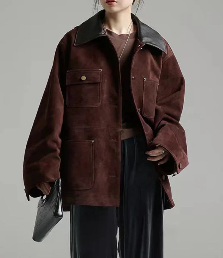Retro Turn-down Collar  Sheep Suede Leather Jackets for Women 2024 Trendy Soft Kid Suede Medium Long Outwears Female Trench Coat