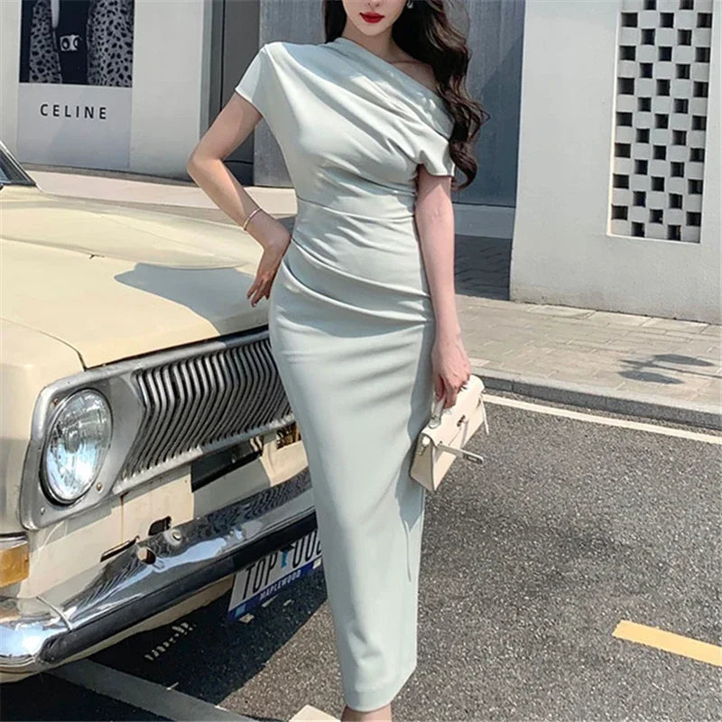 Vintage Bodycon Dresses for Women Slim One Shoulder Folds Ladies Fashion Elegant Chic Midi Party Evening Dress Summer 2023
