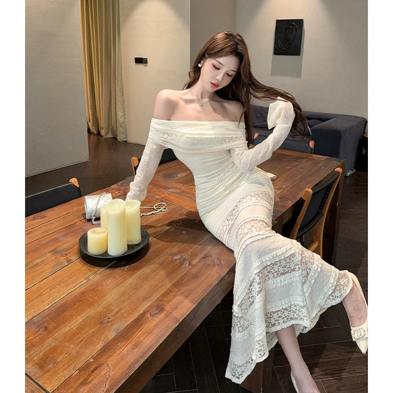 French Long Flare Sleeve Sheer Lace Mermaid Dress Elegant Women Strapless Evening Party Dress Off Shoulder Fashion Long Dress