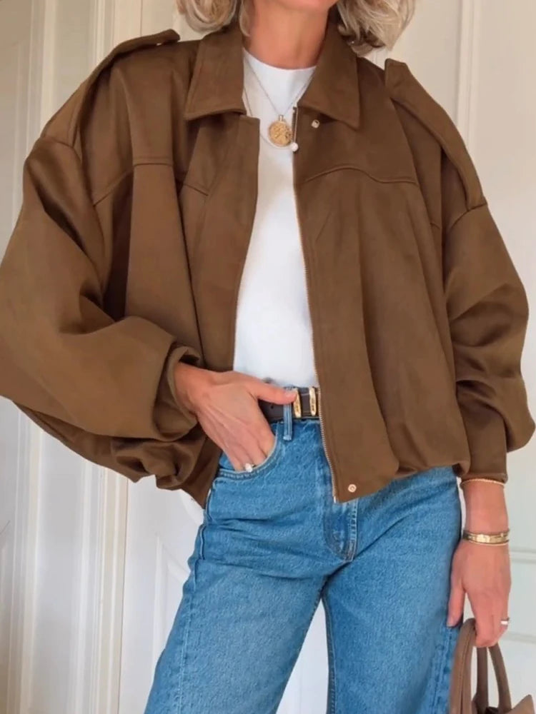 New Long Batwing Sleeve Fashion Jackets, Women Spring Autumn Simple Turn-Down Collar Coats, 2025 Zipper Patchwork Chic Outerwear