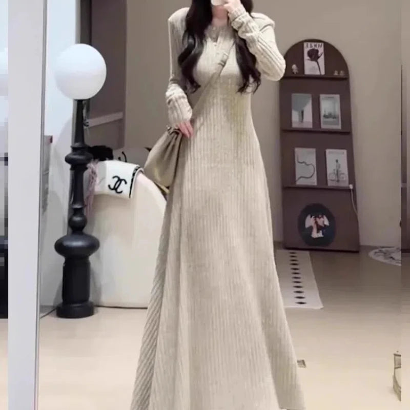 Autumn Winter French Retro Waist Cinching Slimming Mid to Long Style with Inner Lining Skirt Temperament Long Sleeved Dresses