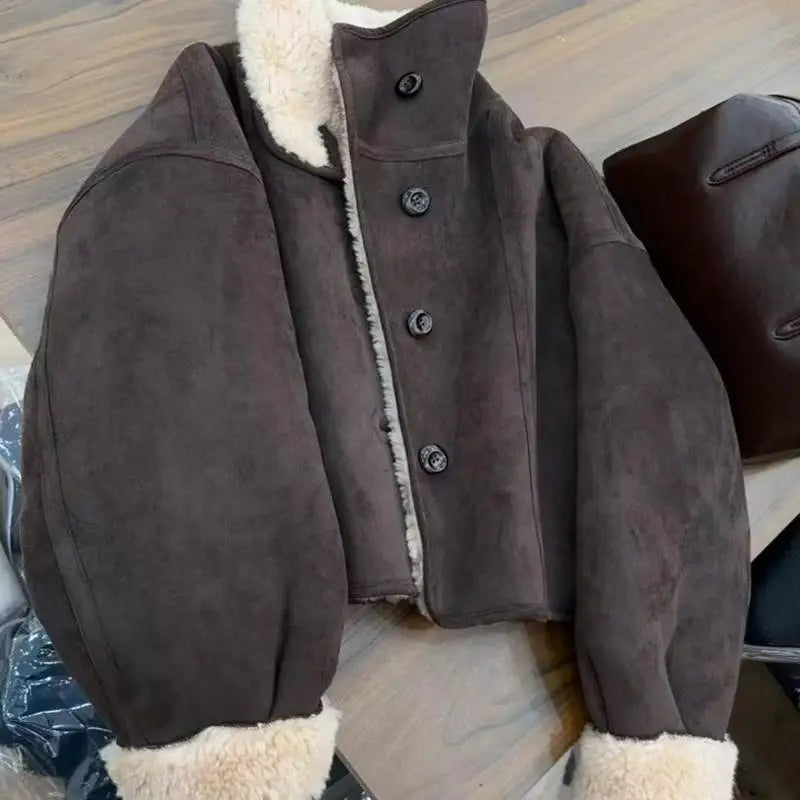 Double-Side Retro Brown Lamb Wool Thickened Lapel Jacket For Women Korean Autumn And Winter Fashion New Trend Loose Causal Coat