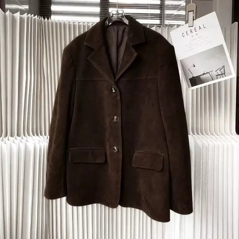 Retro Kid Suede Jacket for Women High Sense Loose Oversized Leather Suit Blazer Female Casual Coat Streetwear Single Breasted